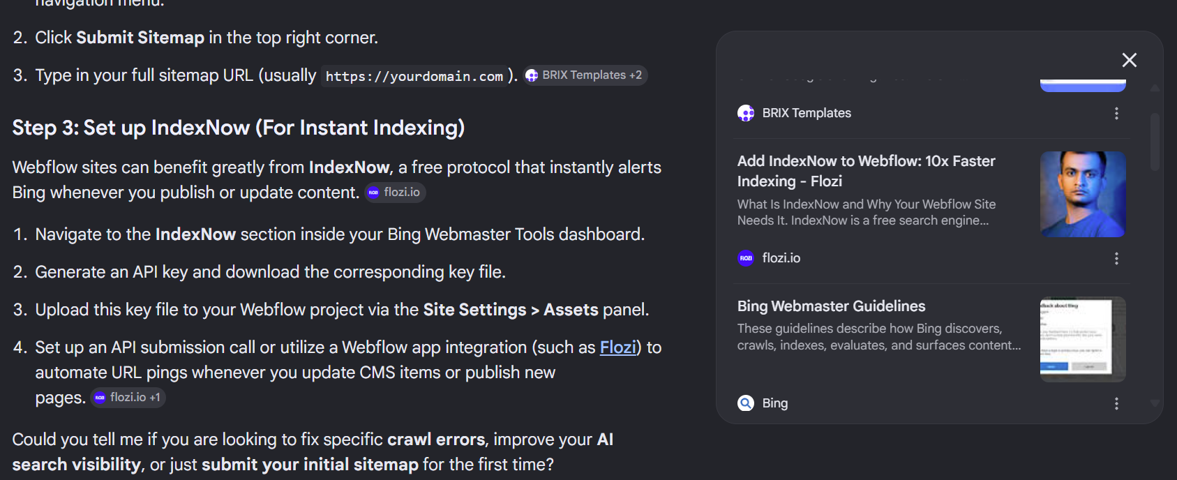 The Flozi IndexNow-for-Webflow article surfaced as a citation inside Bing's AI chat panel